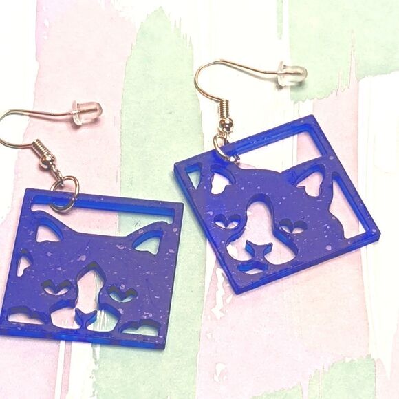 Kitty Cat Blue Black or Purple Square Geometric Dangling Hook Earrings - Picture 5 of 9